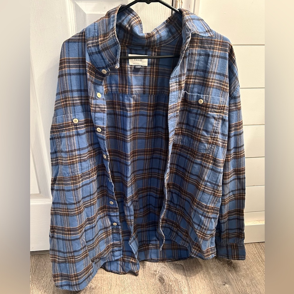 American Eagle Outfitters Blue and Brown Shirt - Relaxed Fit Everyday Flannel XL